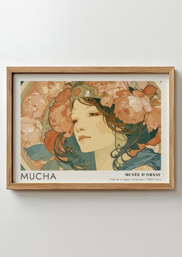 Wall art poster featuring Alphonse Mucha La Rose portrait with floral elements and text