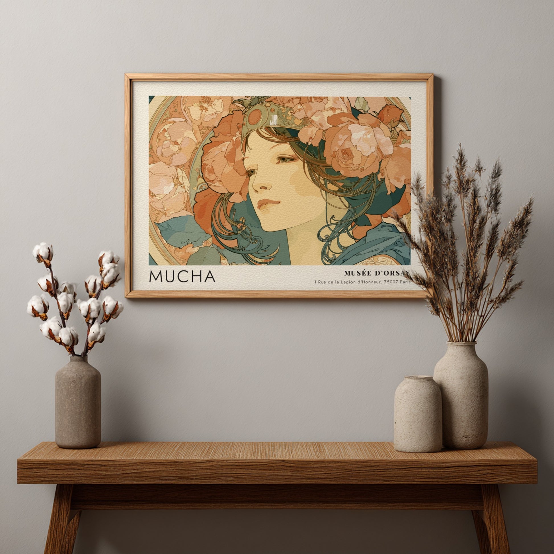 Wall art poster featuring Alphonse Mucha La Rose portrait with floral elements and text