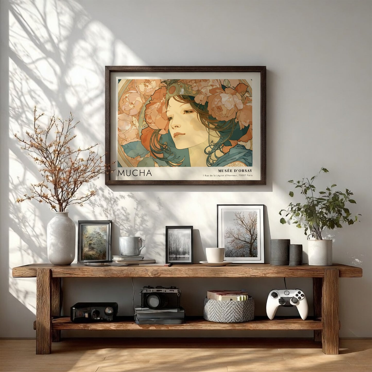 Wall art poster featuring Alphonse Mucha La Rose portrait with floral elements and text