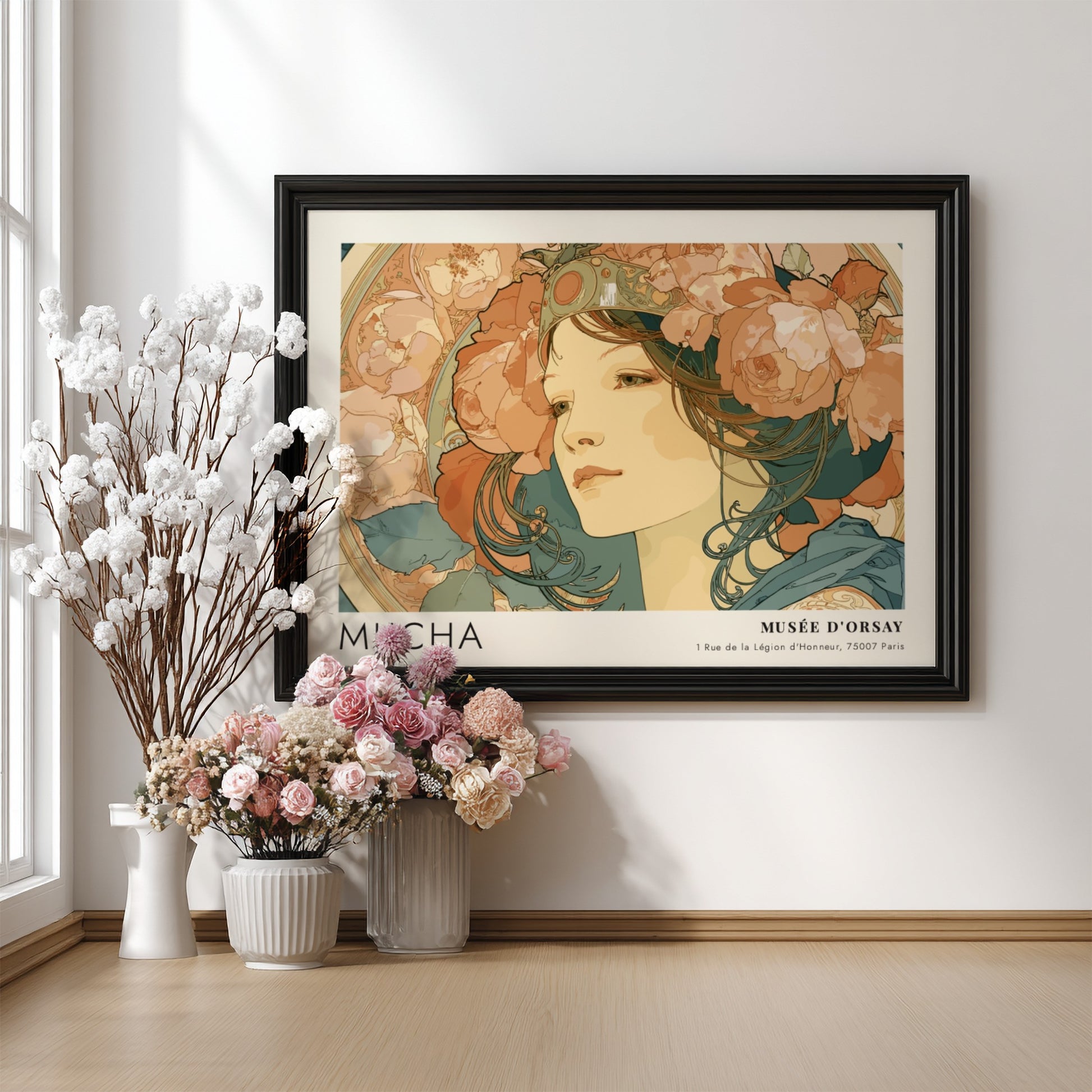 Wall art poster featuring Alphonse Mucha La Rose portrait with floral elements and text