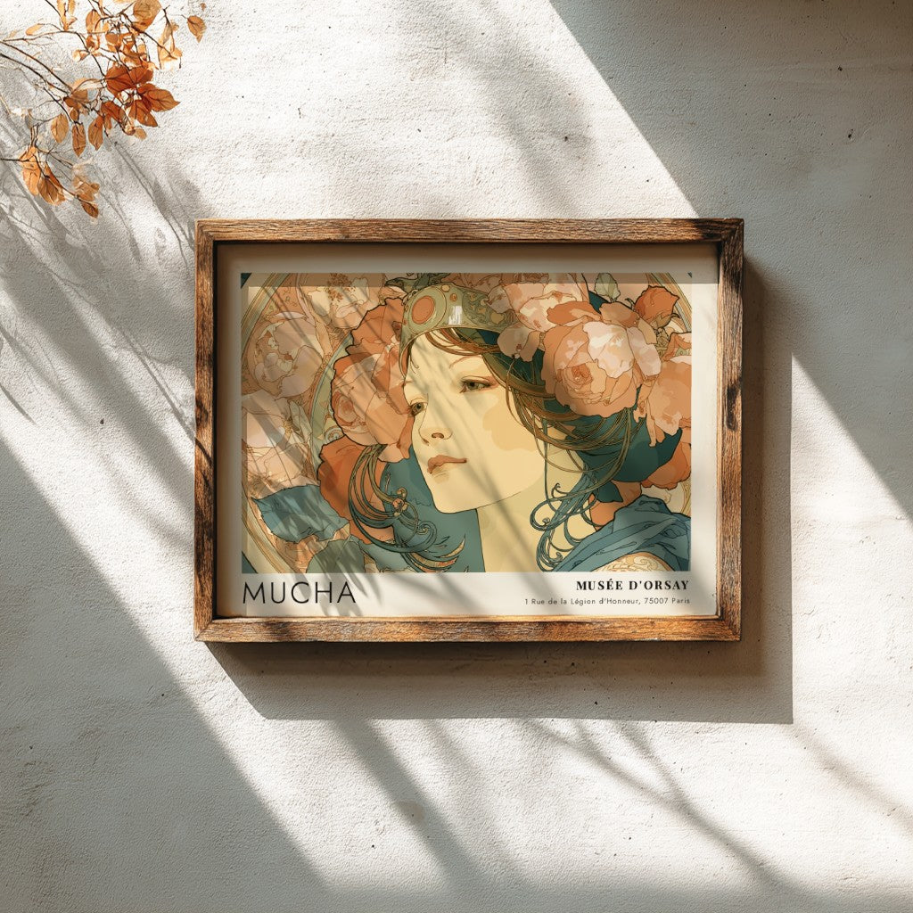 Wall art poster featuring Alphonse Mucha La Rose portrait with floral elements and text