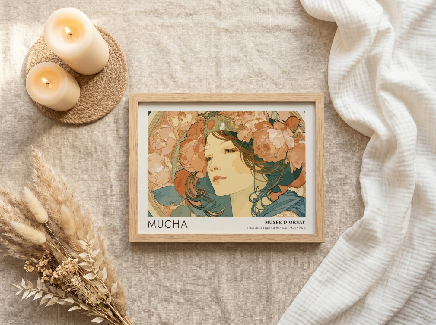Wall art poster featuring Alphonse Mucha La Rose portrait with floral elements and text