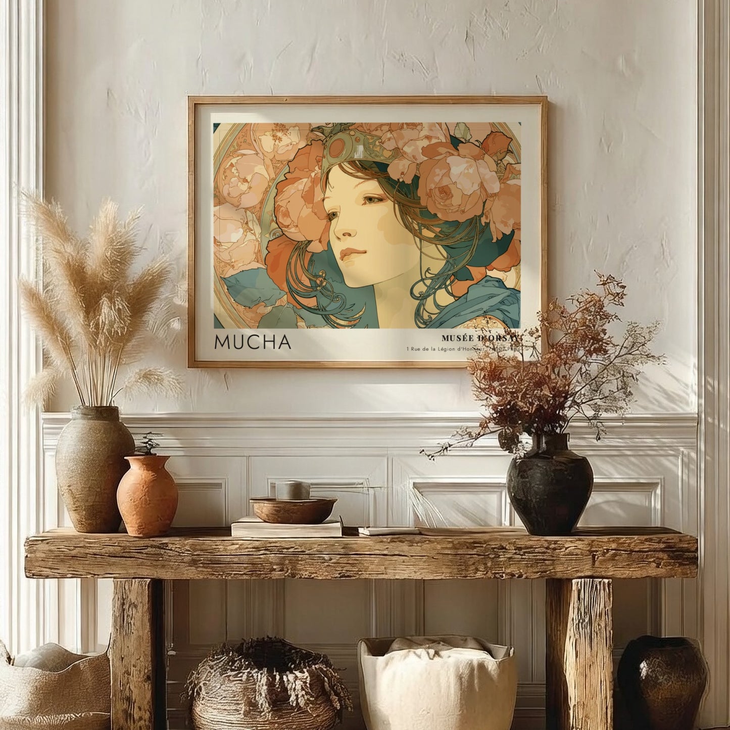 Wall art poster featuring Alphonse Mucha La Rose portrait with floral elements and text