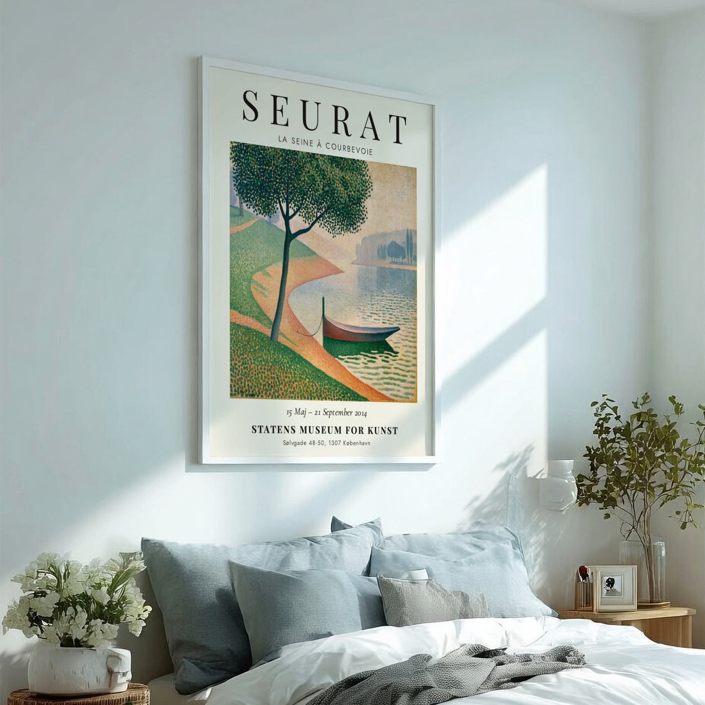 Seurat exhibition poster featuring La Seine à Courbevoie with vibrant colors and serene landscape