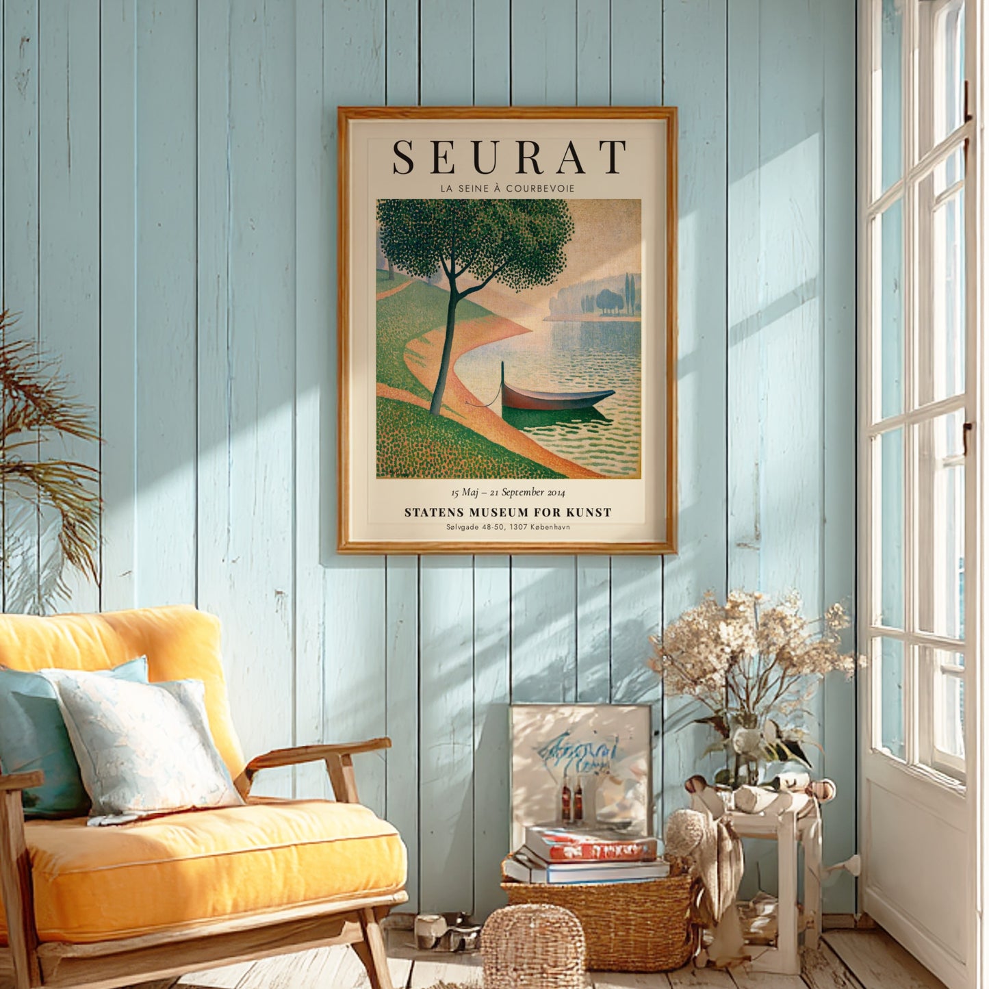 Seurat exhibition poster featuring La Seine à Courbevoie with vibrant colors and serene landscape