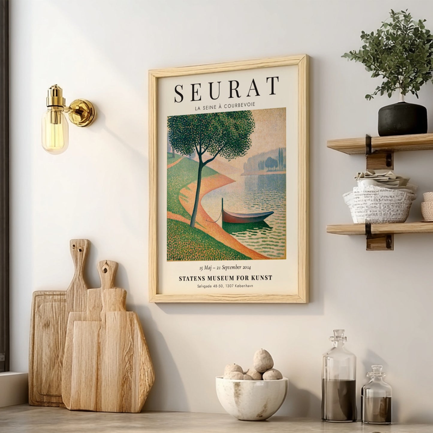 Seurat exhibition poster featuring La Seine à Courbevoie with vibrant colors and serene landscape