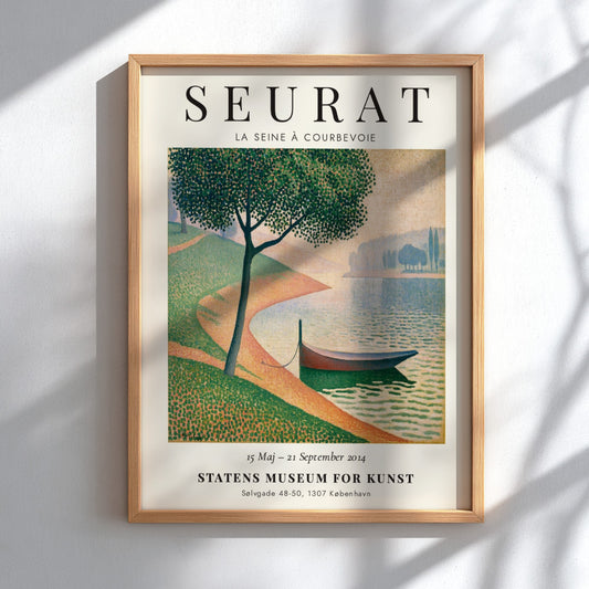 Seurat exhibition poster featuring La Seine à Courbevoie with vibrant colors and serene landscape