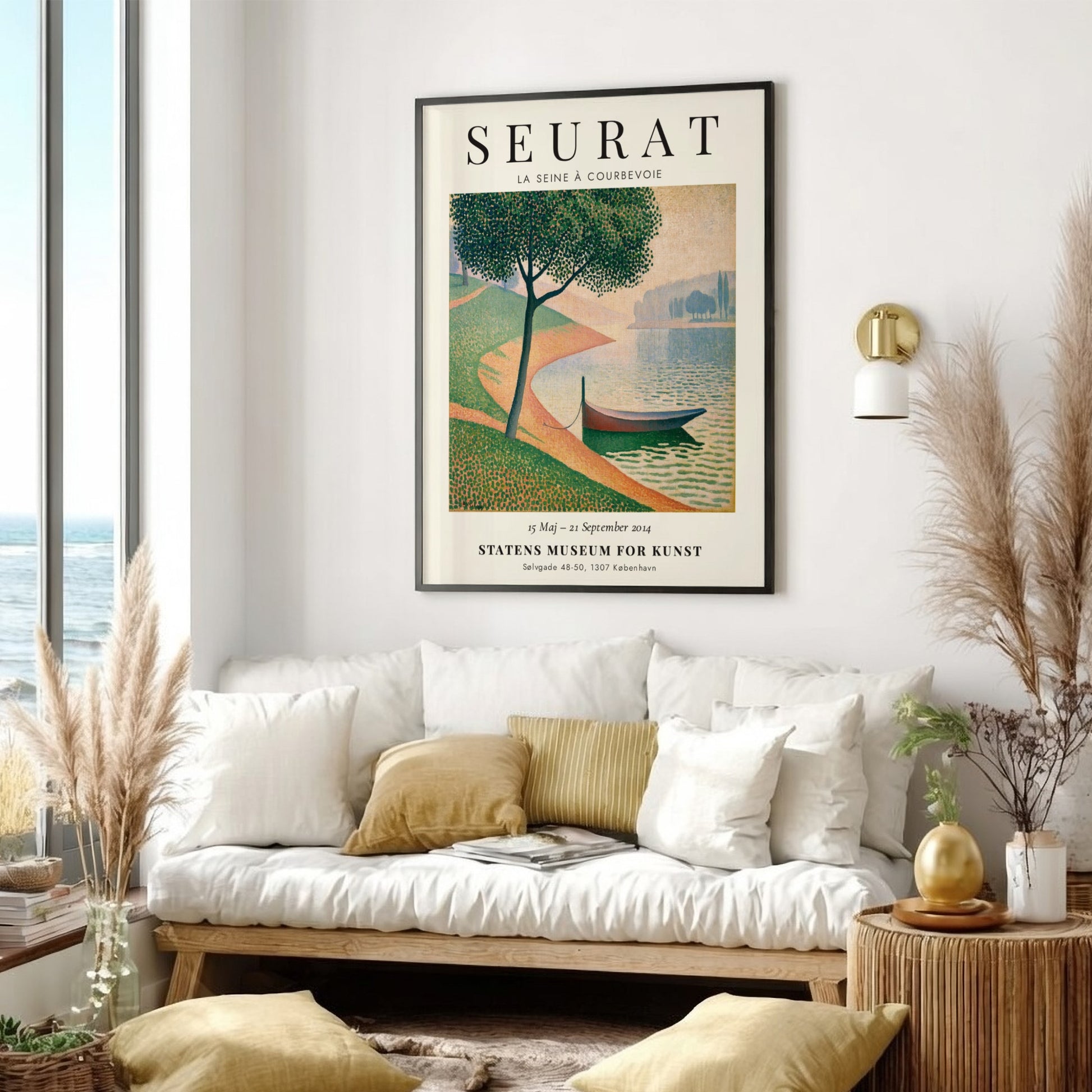 Seurat exhibition poster featuring La Seine à Courbevoie with vibrant colors and serene landscape