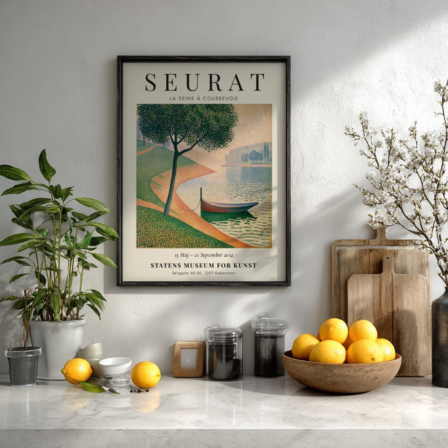 Seurat exhibition poster featuring La Seine à Courbevoie with vibrant colors and serene landscape