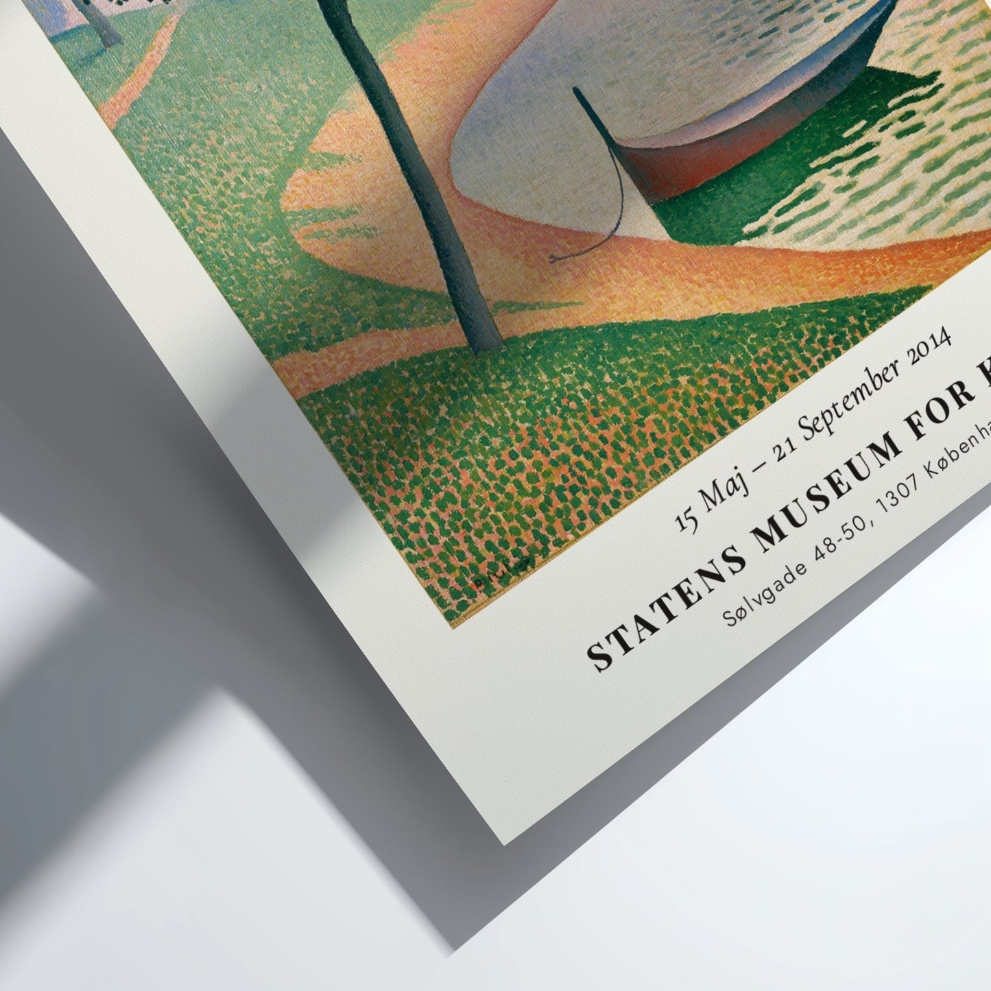 Seurat exhibition poster featuring La Seine à Courbevoie with vibrant colors and serene landscape