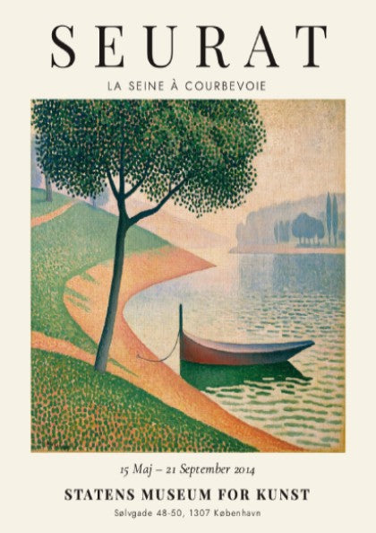 Seurat exhibition poster featuring La Seine à Courbevoie with vibrant colors and serene landscape