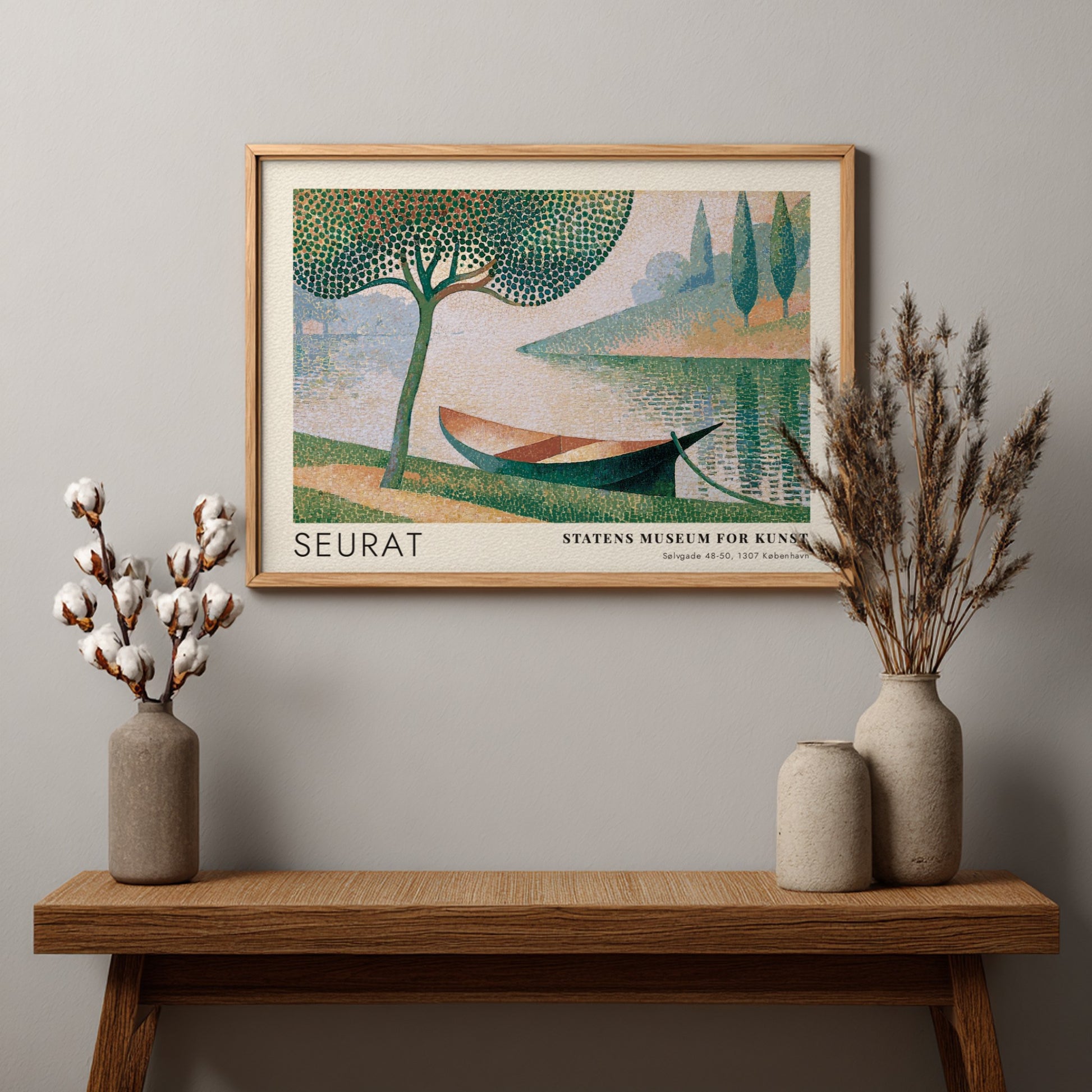 Wall art poster featuring Seurat La Seine a Courbevoie with a boat and tree.