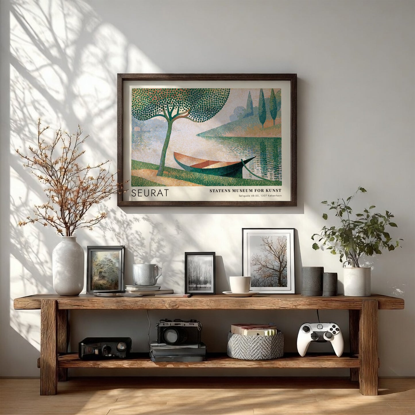Wall art poster featuring Seurat La Seine a Courbevoie with a boat and tree.