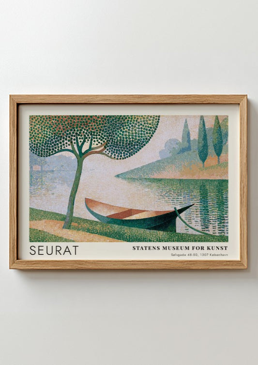 Wall art poster featuring Seurat La Seine a Courbevoie with a boat and tree.