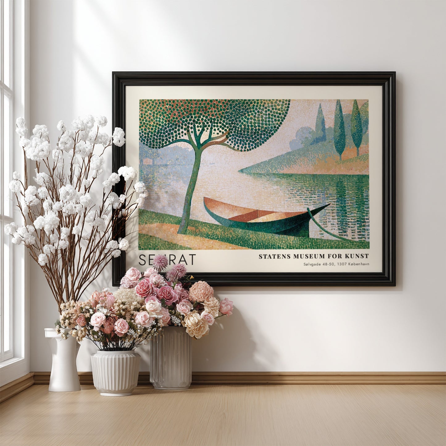Wall art poster featuring Seurat La Seine a Courbevoie with a boat and tree.