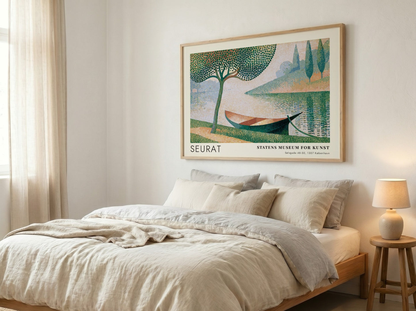 Wall art poster featuring Seurat La Seine a Courbevoie with a boat and tree.