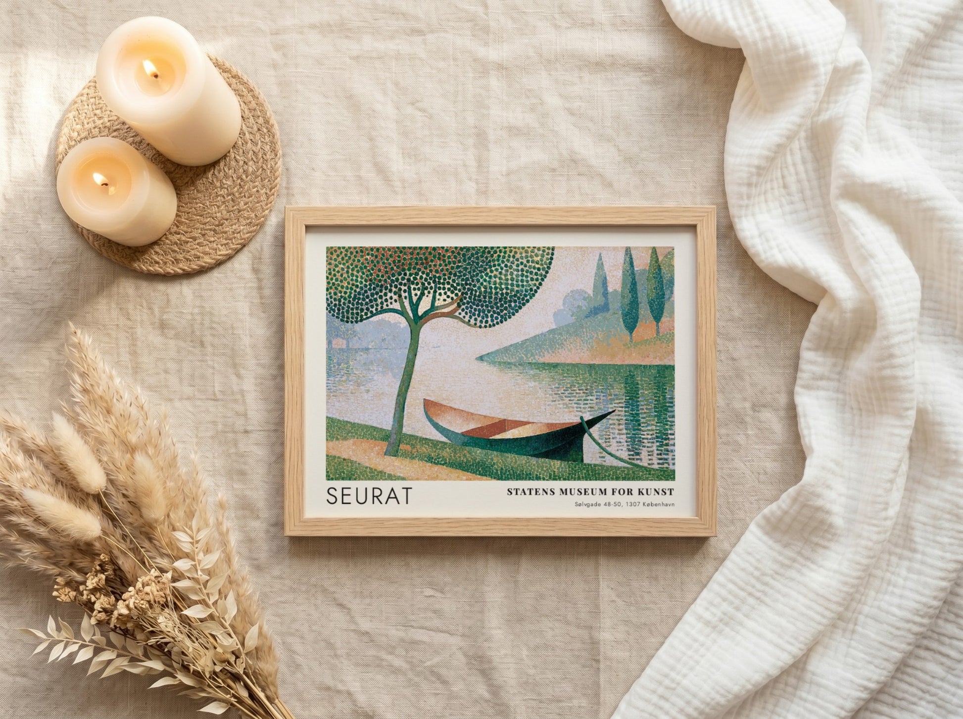 Wall art poster featuring Seurat La Seine a Courbevoie with a boat and tree.