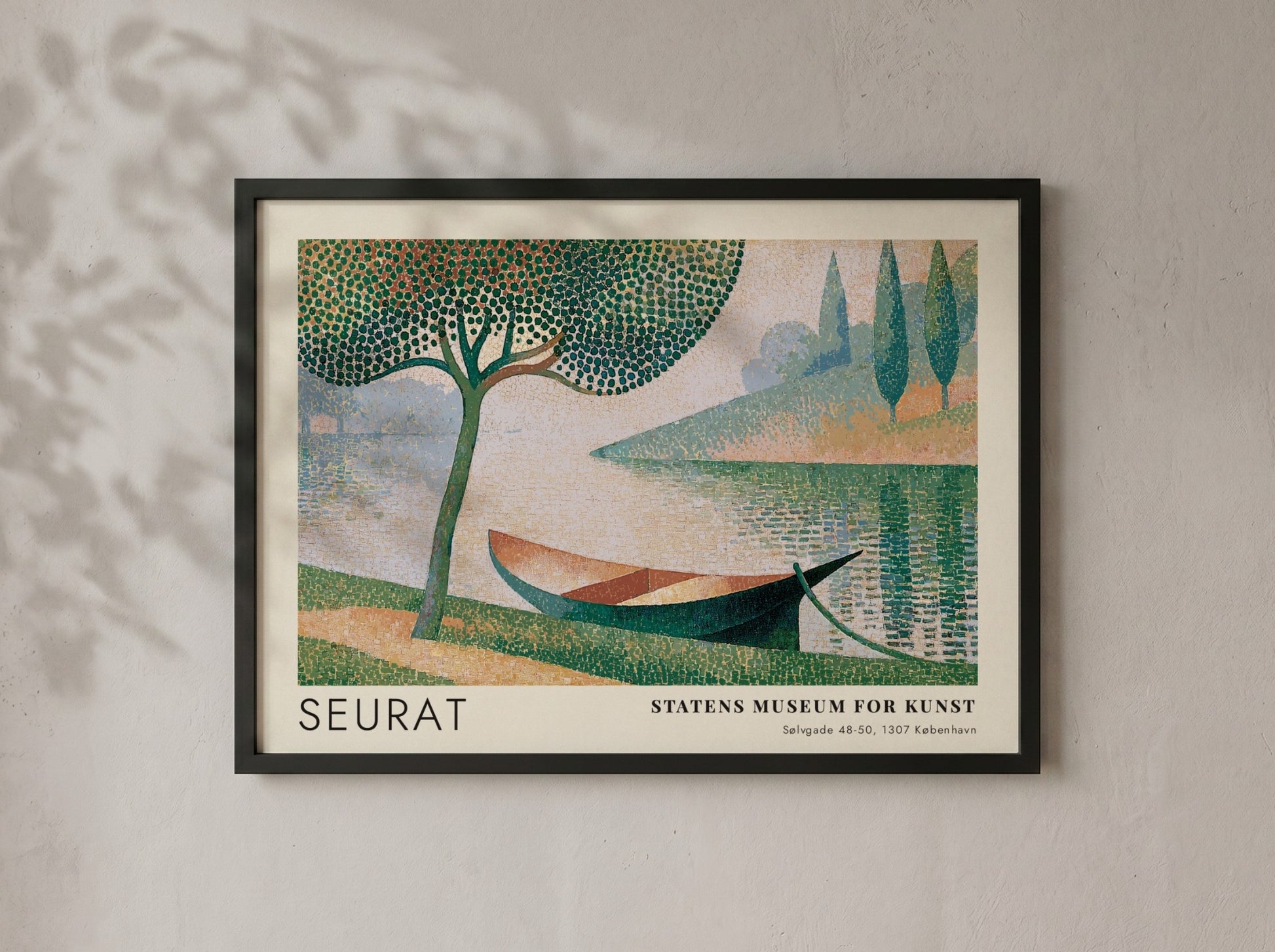 Wall art poster featuring Seurat La Seine a Courbevoie with a boat and tree.