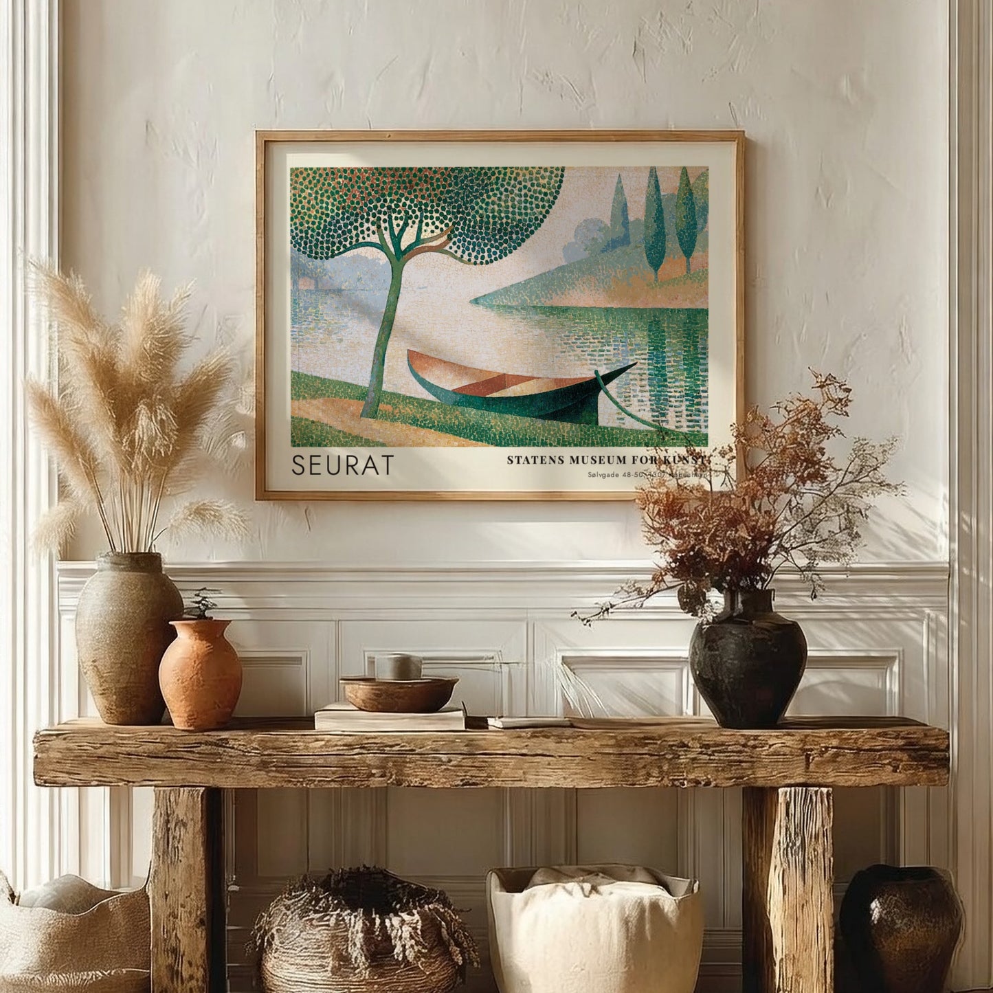 Wall art poster featuring Seurat La Seine a Courbevoie with a boat and tree.