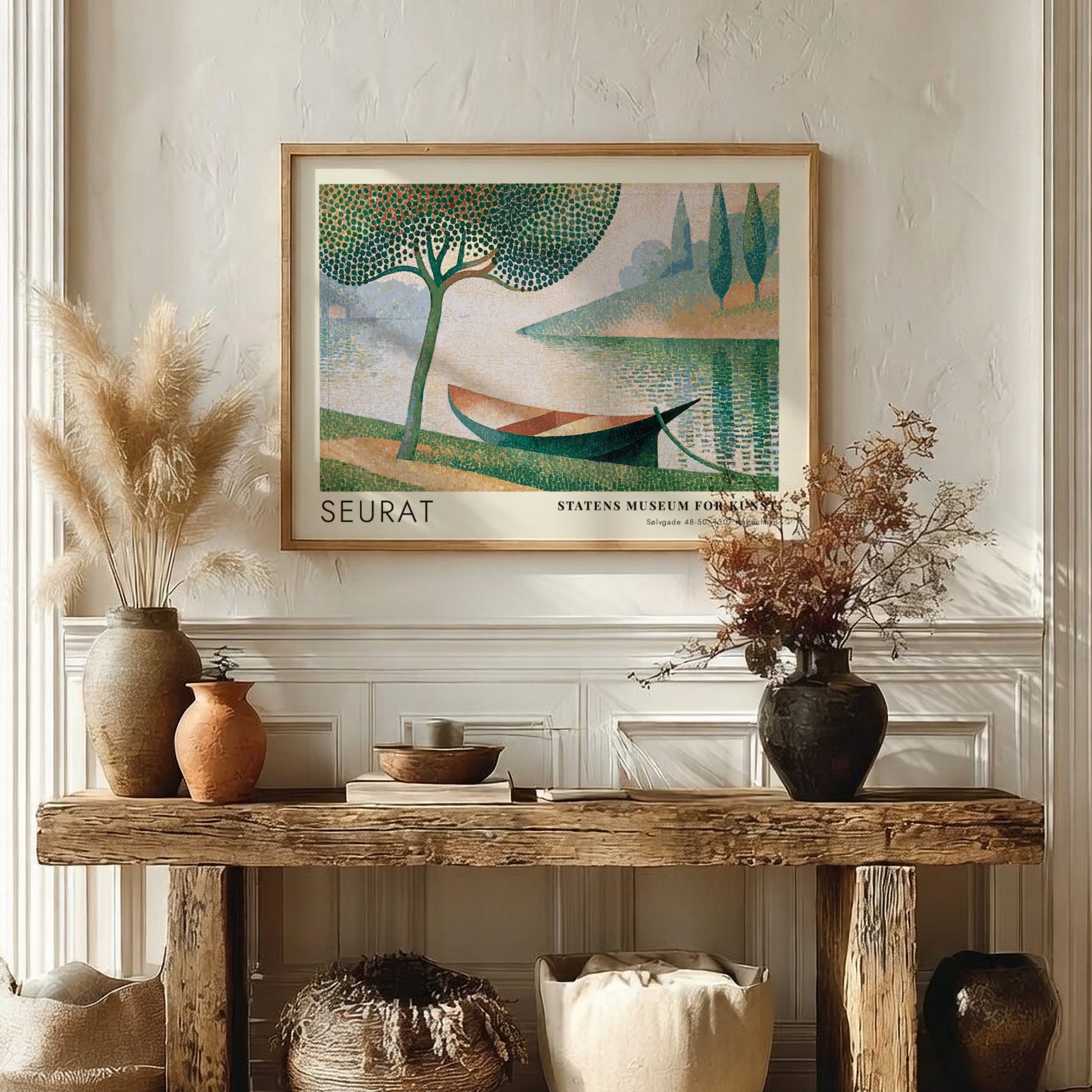 Wall art poster featuring Seurat La Seine a Courbevoie with a boat and tree.