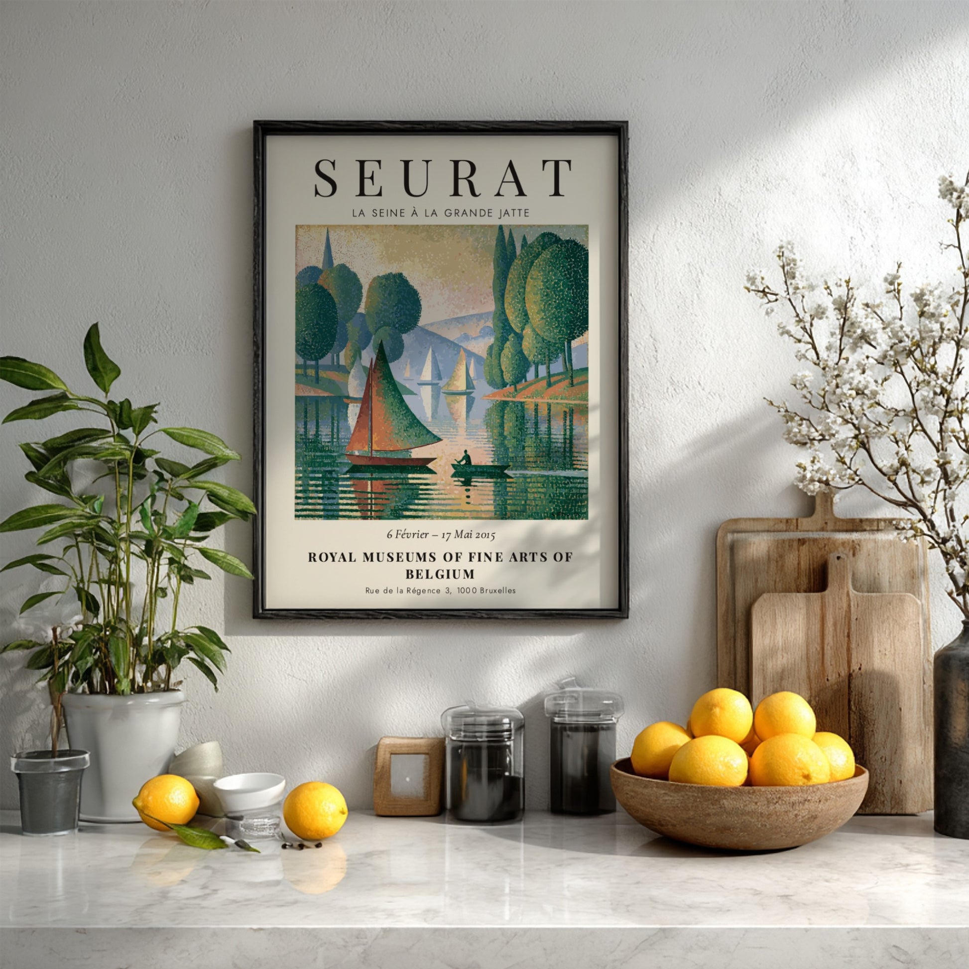 Seurat exhibition poster featuring La Seine à la Grande Jatte with green trees and serene water reflections