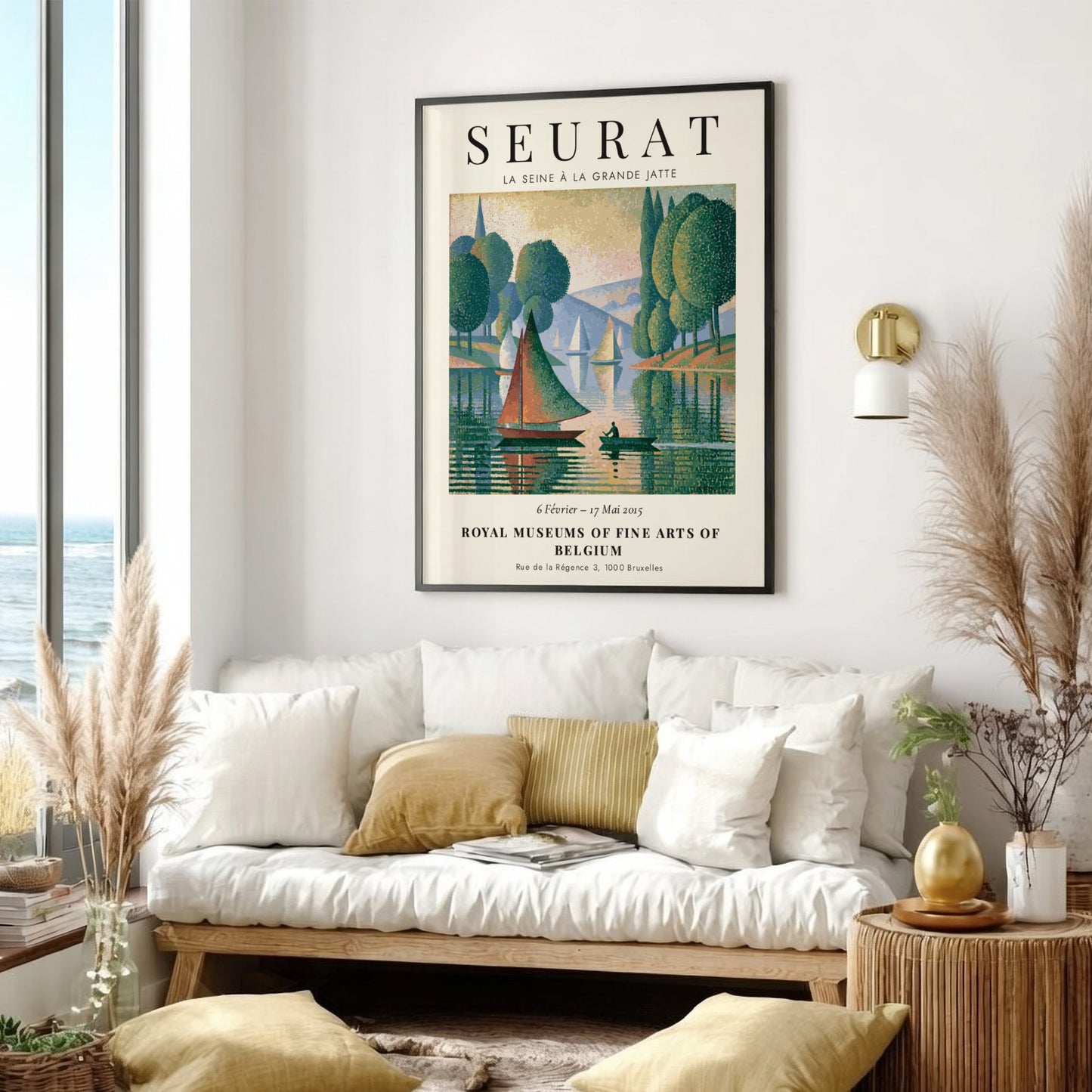 Seurat exhibition poster featuring La Seine à la Grande Jatte with green trees and serene water reflections