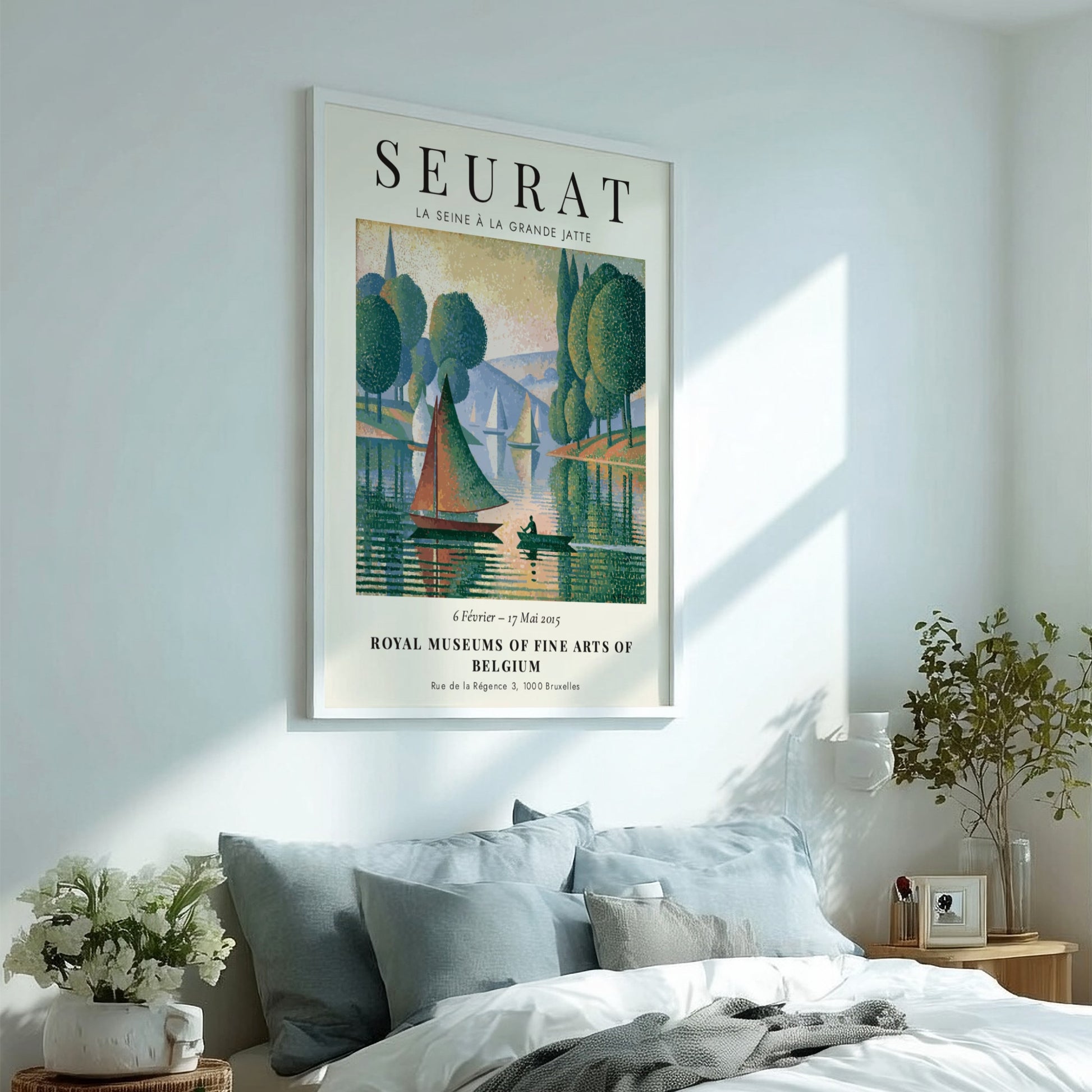 Seurat exhibition poster featuring La Seine à la Grande Jatte with green trees and serene water reflections
