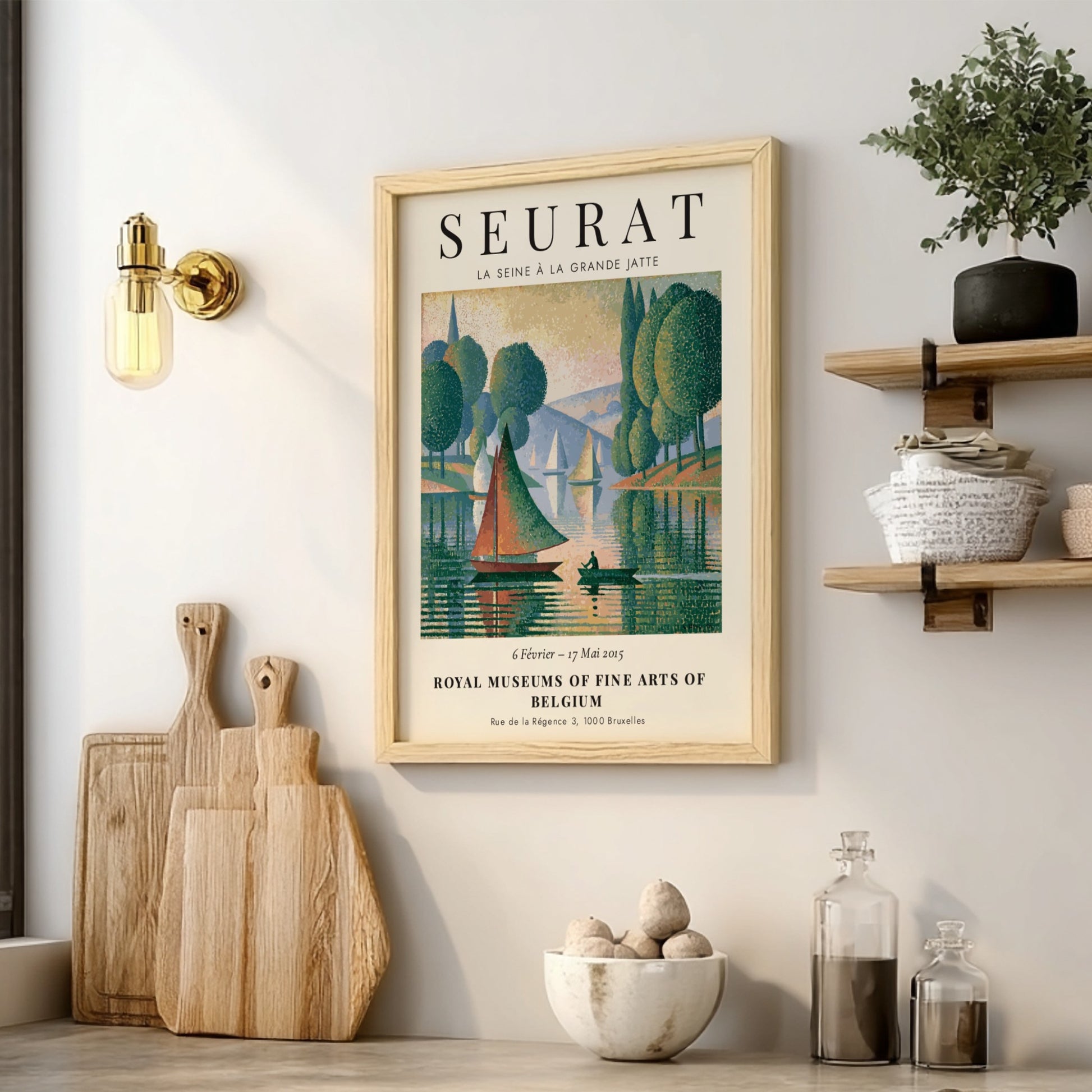 Seurat exhibition poster featuring La Seine à la Grande Jatte with green trees and serene water reflections