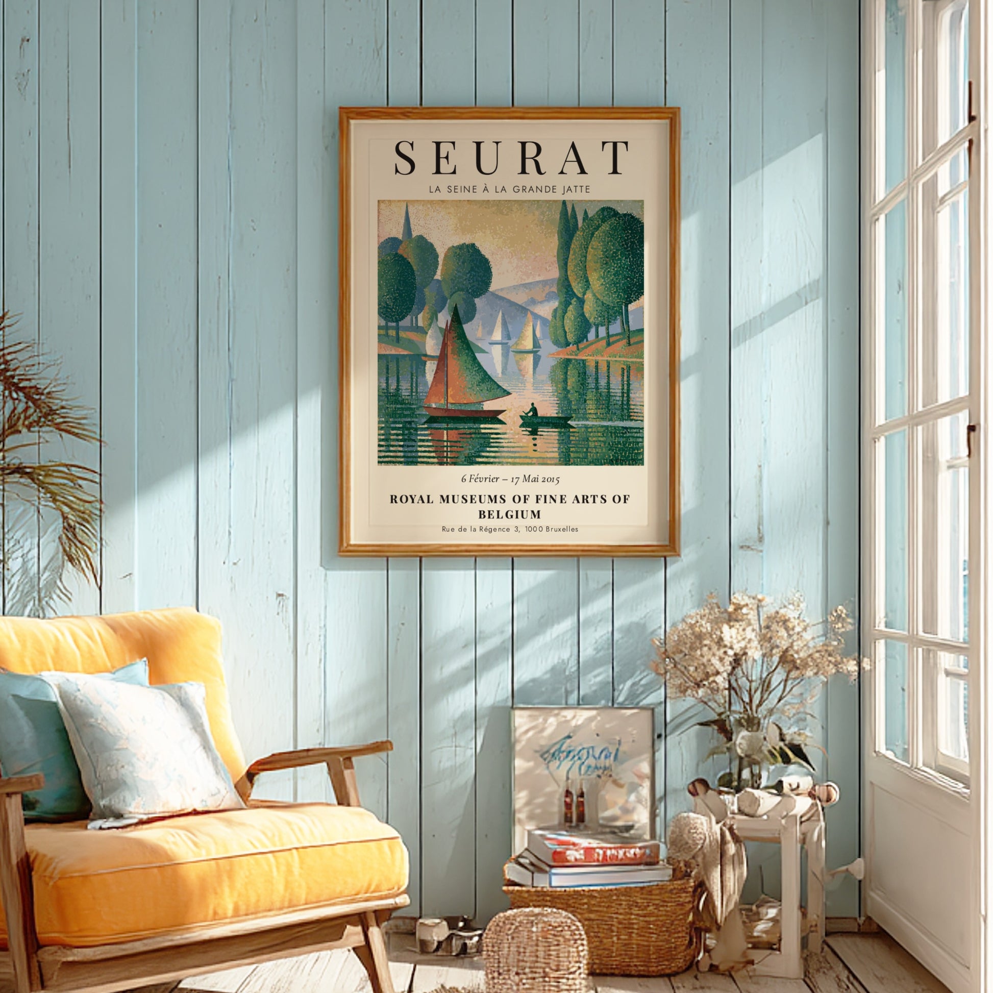 Seurat exhibition poster featuring La Seine à la Grande Jatte with green trees and serene water reflections