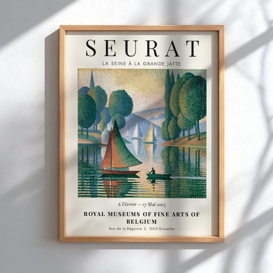 Seurat exhibition poster featuring La Seine à la Grande Jatte with green trees and serene water reflections
