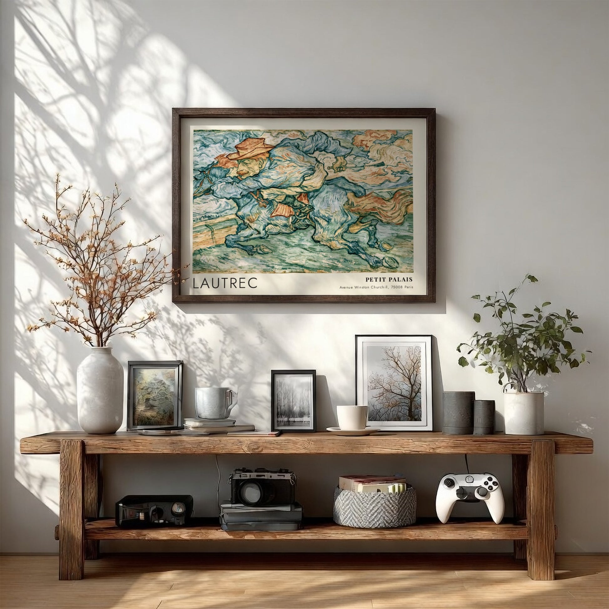 Wall art poster featuring a Lautrec painting of a horse rider in blue tones