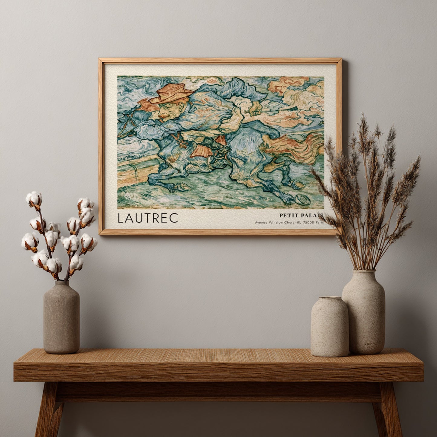 Wall art poster featuring a Lautrec painting of a horse rider in blue tones