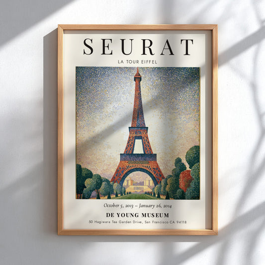 Seurat Exhibition Poster featuring La Tour Eiffel in vibrant pointillist style