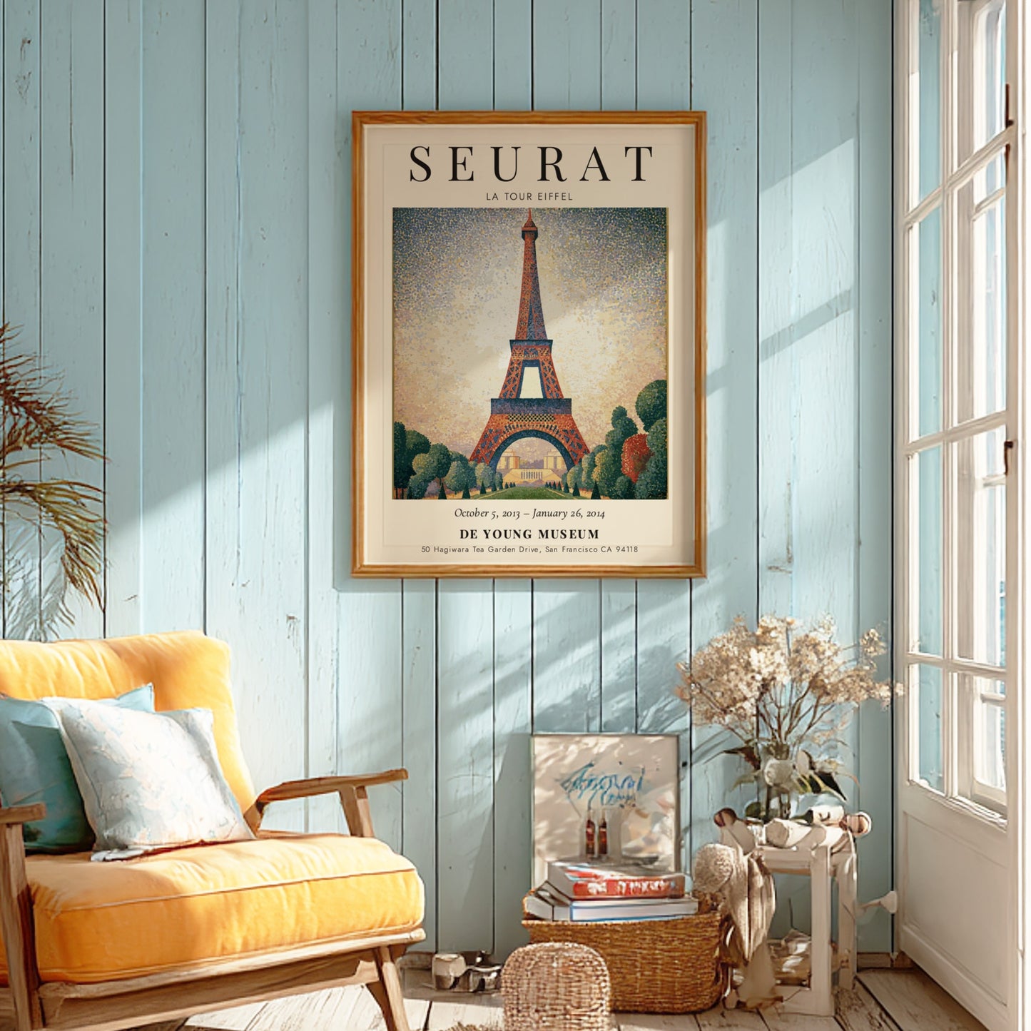 Seurat Exhibition Poster featuring La Tour Eiffel in vibrant pointillist style