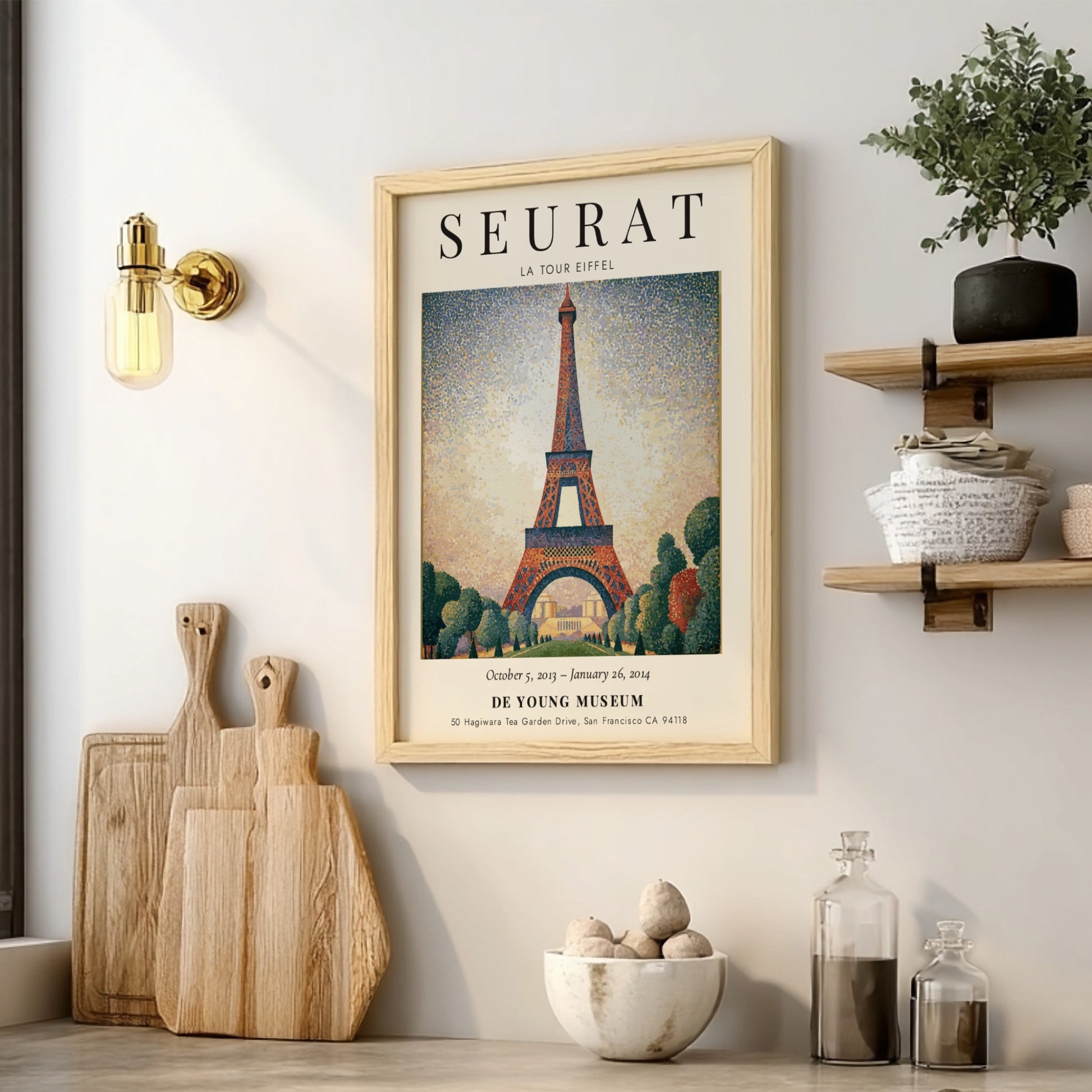 Seurat Exhibition Poster featuring La Tour Eiffel in vibrant pointillist style
