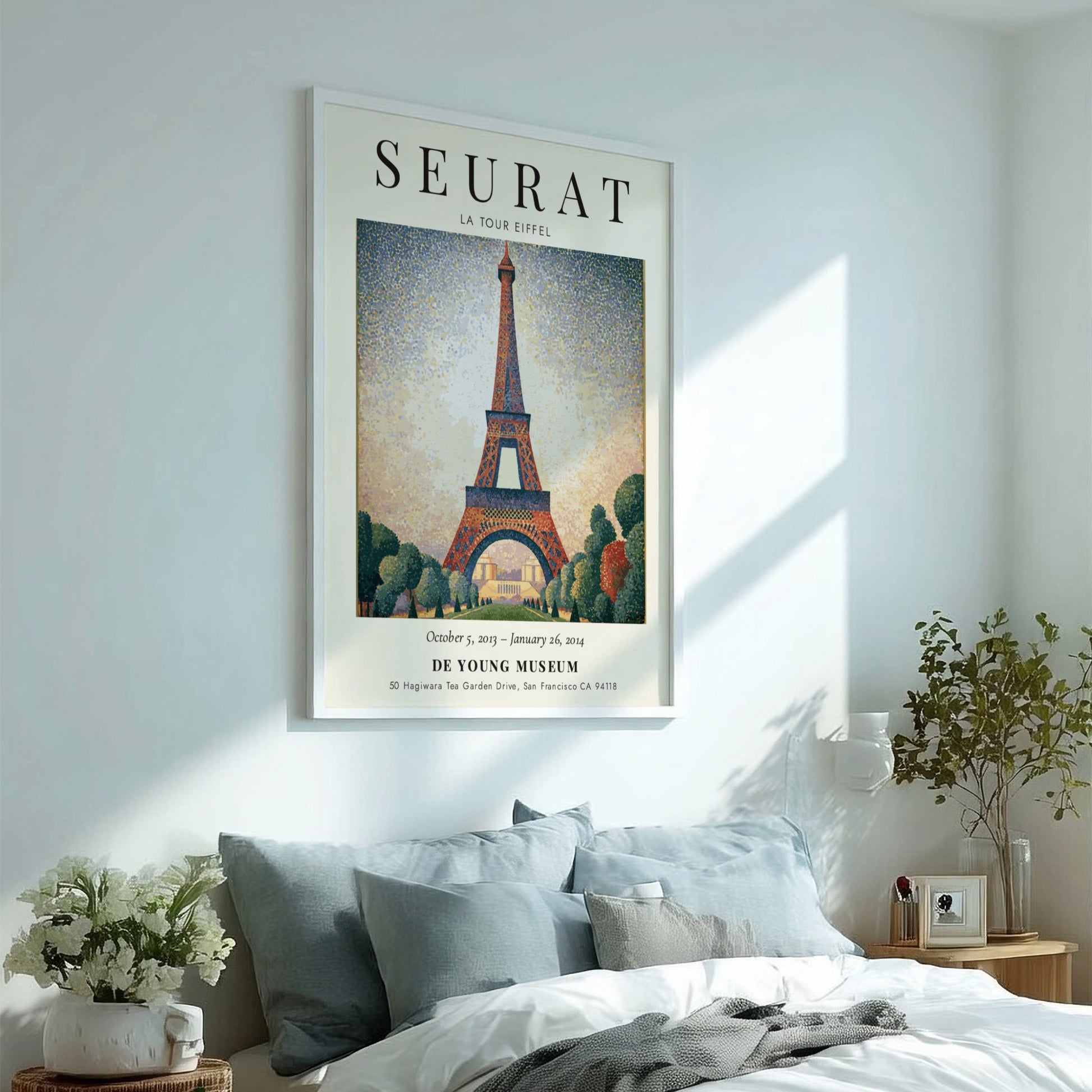 Seurat Exhibition Poster featuring La Tour Eiffel in vibrant pointillist style