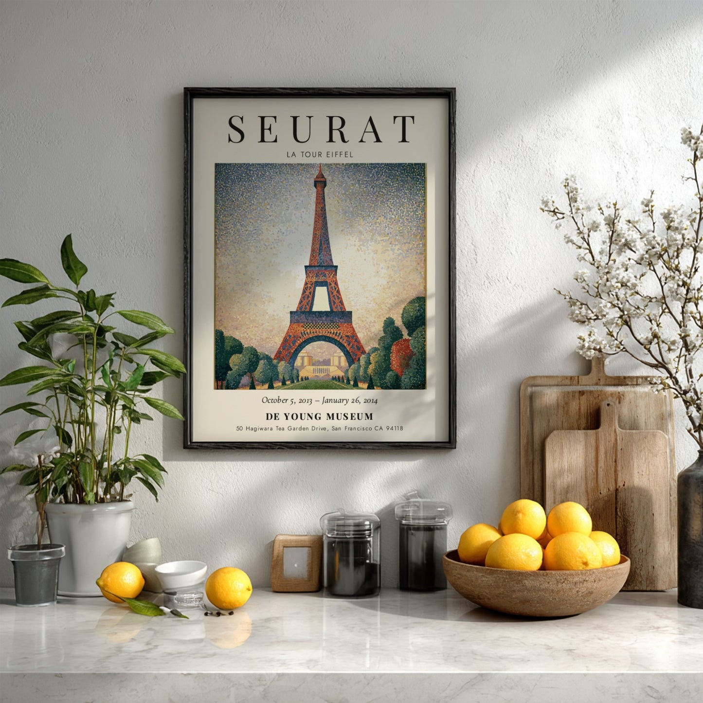 Seurat Exhibition Poster featuring La Tour Eiffel in vibrant pointillist style