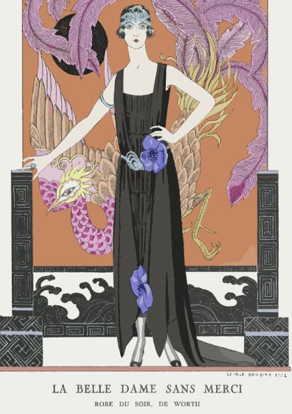 Art Nouveau poster of 'La Belle Dame Sans Merci' by George Barbier, featuring a woman in a black gown.