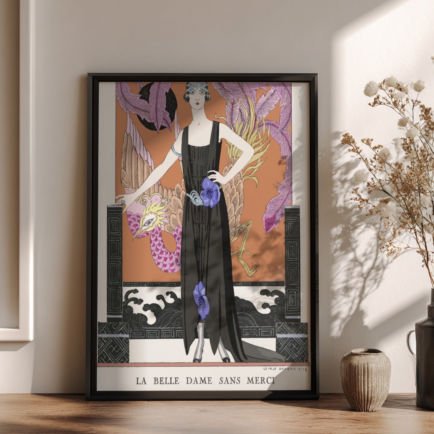 Art Nouveau poster of 'La Belle Dame Sans Merci' by George Barbier, featuring a woman in a black gown.