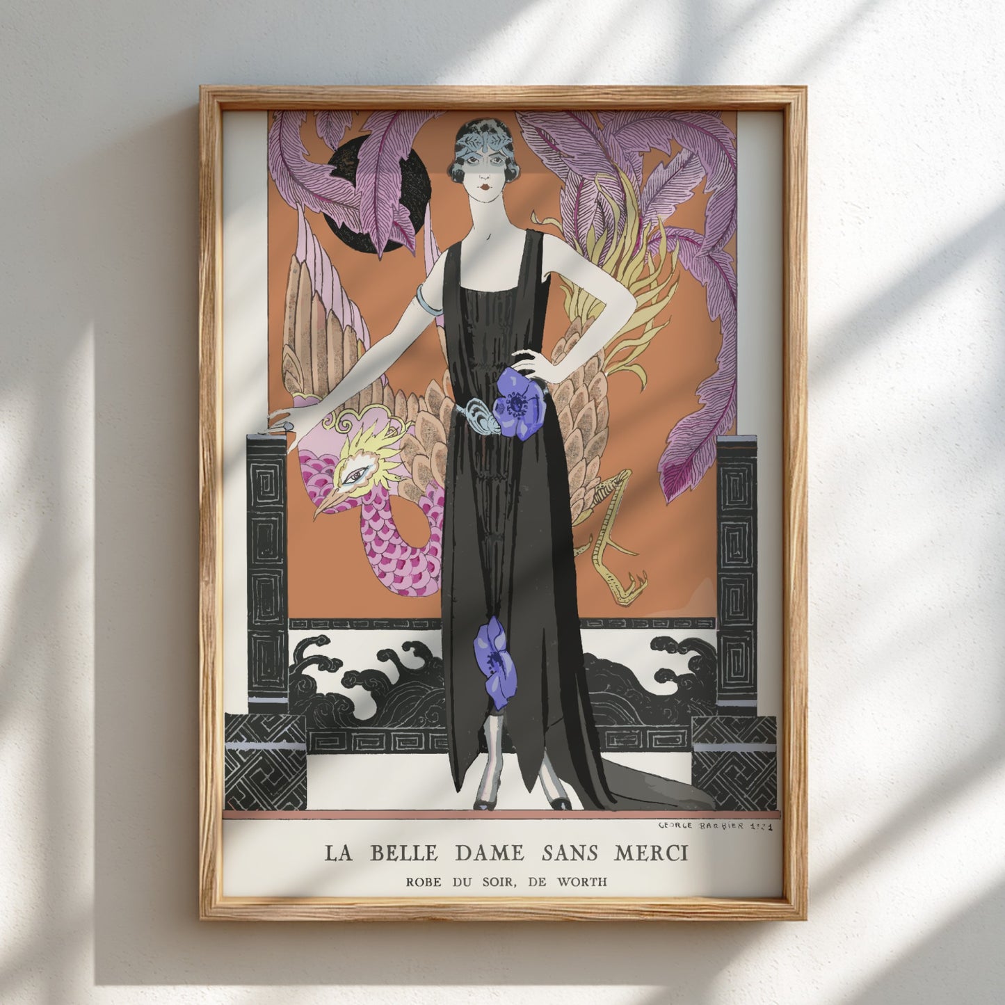 Art Nouveau poster of 'La Belle Dame Sans Merci' by George Barbier, featuring a woman in a black gown.