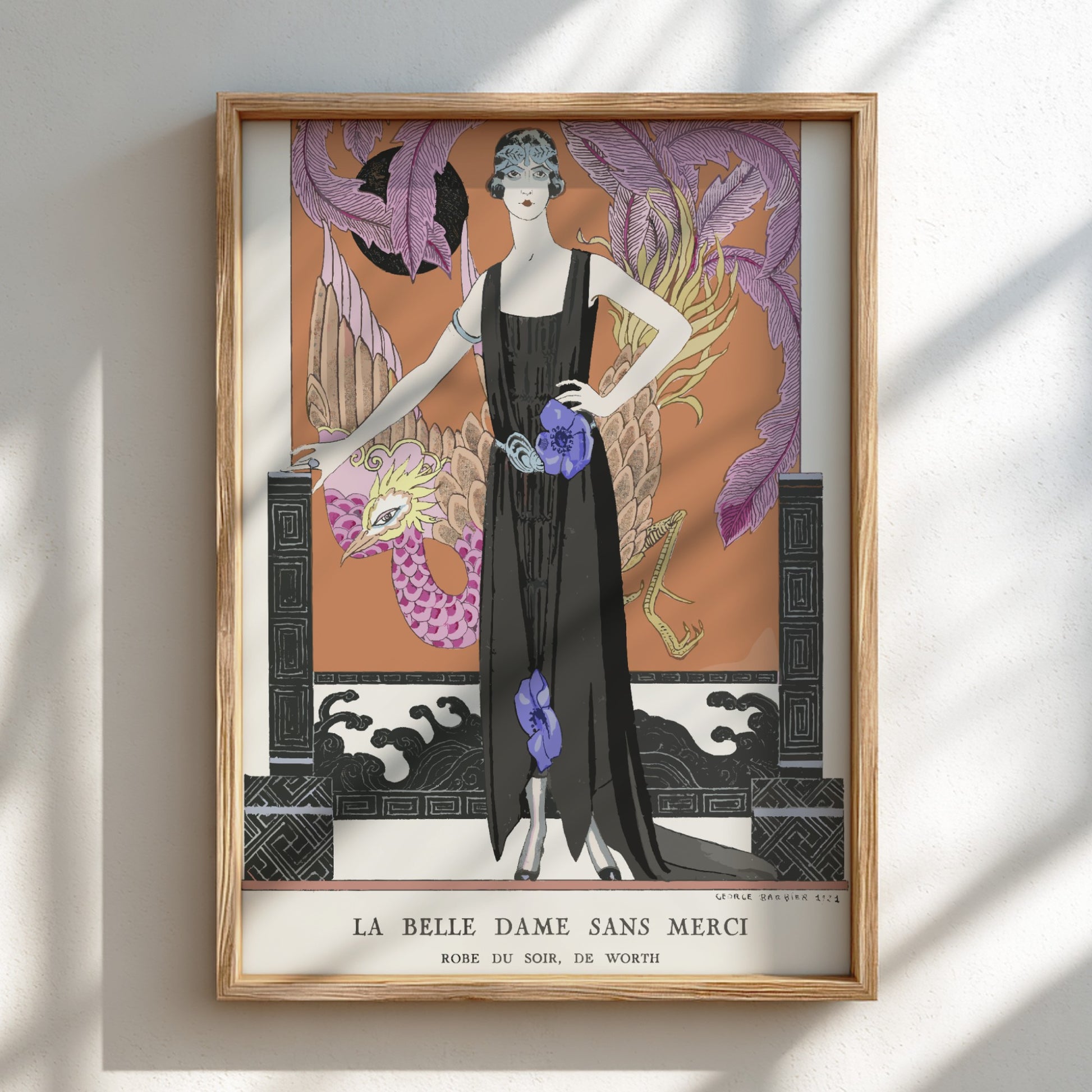 Art Nouveau poster of 'La Belle Dame Sans Merci' by George Barbier, featuring a woman in a black gown.