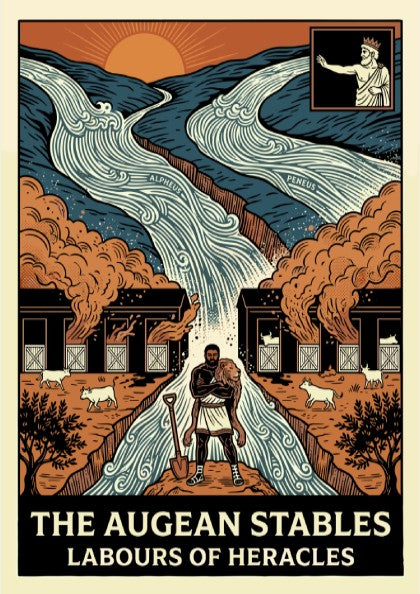 Augean Stables poster depicting Heracles, rivers, and stables in a bold, illustrative style with earthy