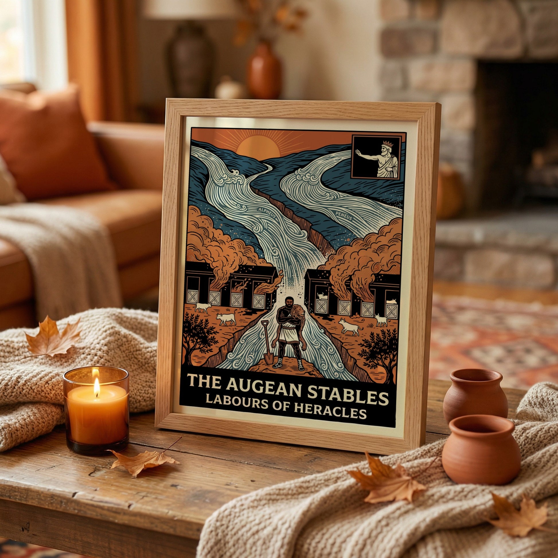 Augean Stables poster depicting Heracles, rivers, and stables in a bold, illustrative style with earthy