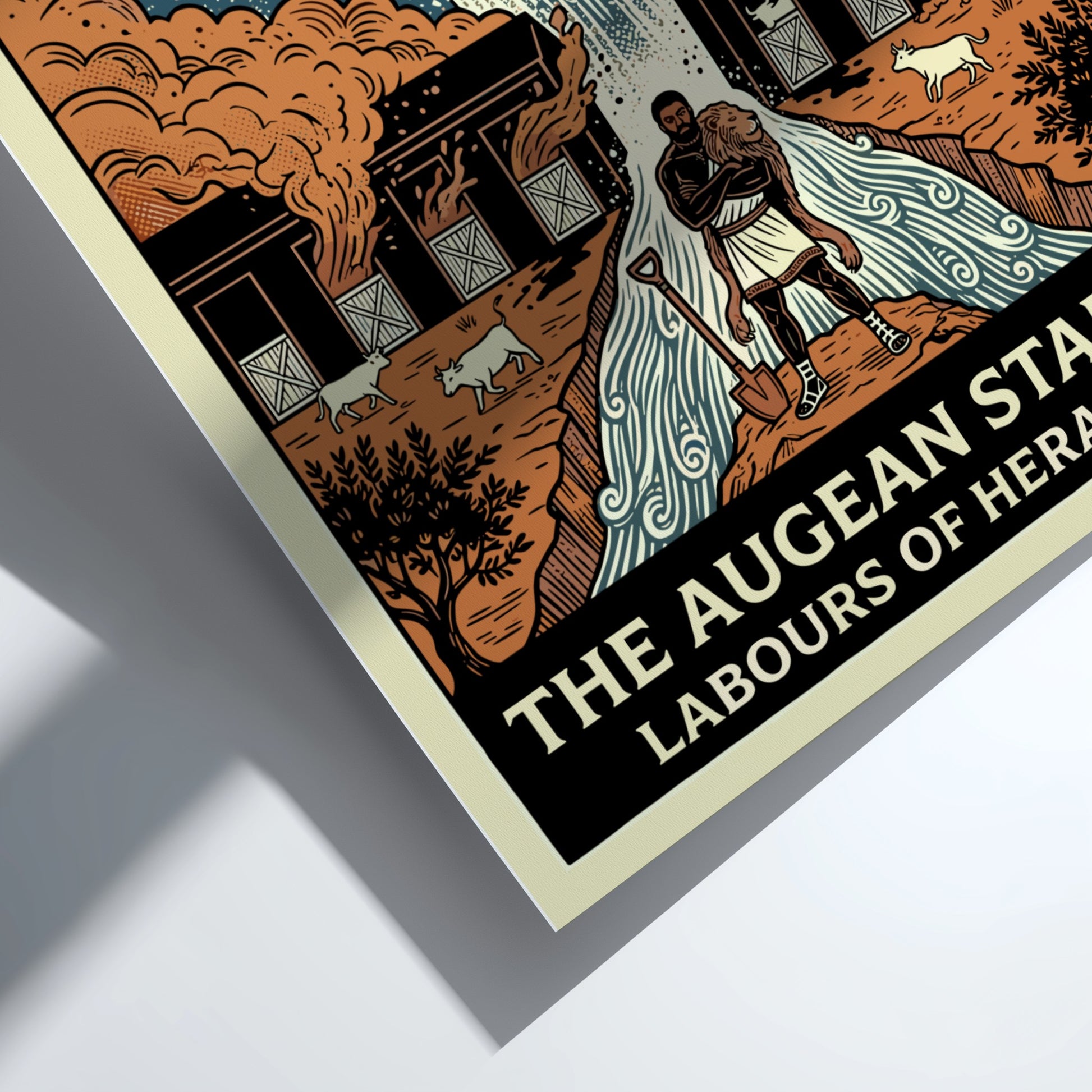 Augean Stables poster depicting Heracles, rivers, and stables in a bold, illustrative style with earthy