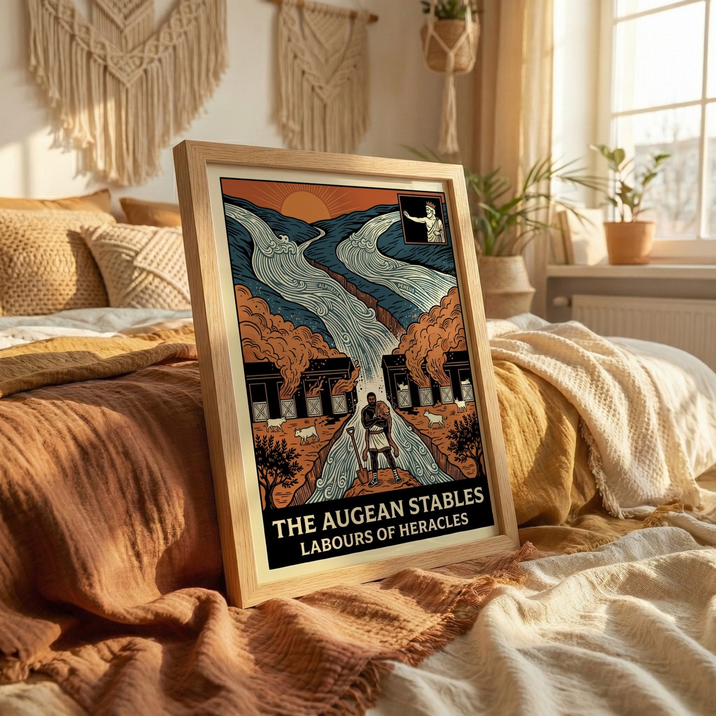 Augean Stables poster depicting Heracles, rivers, and stables in a bold, illustrative style with earthy
