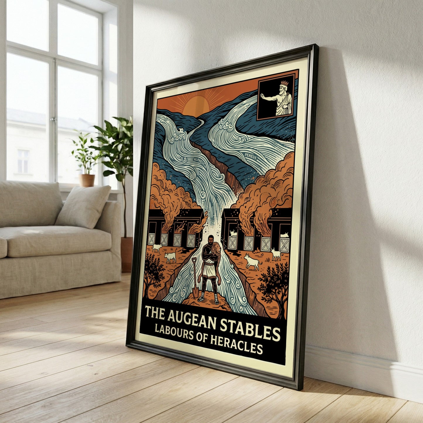 Augean Stables poster depicting Heracles, rivers, and stables in a bold, illustrative style with earthy