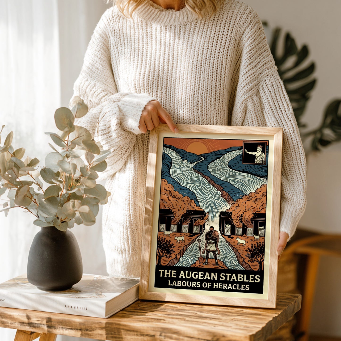 Augean Stables poster depicting Heracles, rivers, and stables in a bold, illustrative style with earthy