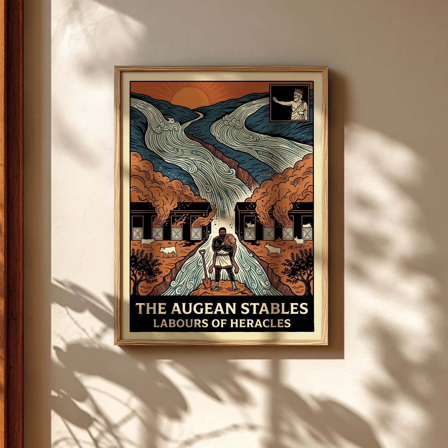 Augean Stables poster depicting Heracles, rivers, and stables in a bold, illustrative style with earthy