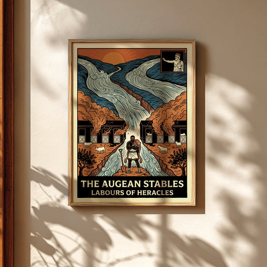 Augean Stables poster depicting Heracles, rivers, and stables in a bold, illustrative style with earthy