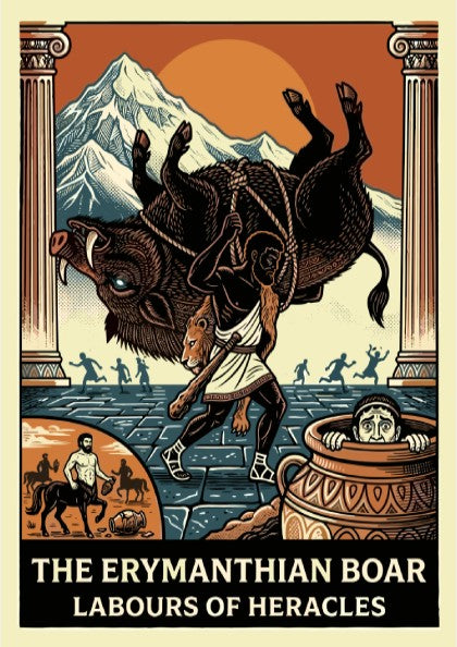 Erymanthian Boar poster featuring Heracles, Greek mythology art, vintage style, bold colors.